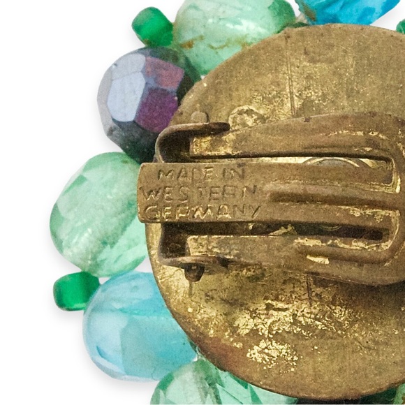 Vintage German Glass Bead Cluster Clip On Earrings Blue Green Western Germany - Picture 4 of 4